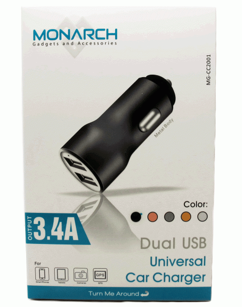 New Arrival Dual Universal Monarch USB Car Charger with 3.4A High Output 2-Port Rapid Light Weight, Slim Design, Polymer Battery for Smartphone, Tablets, Camera and GPS-Gold